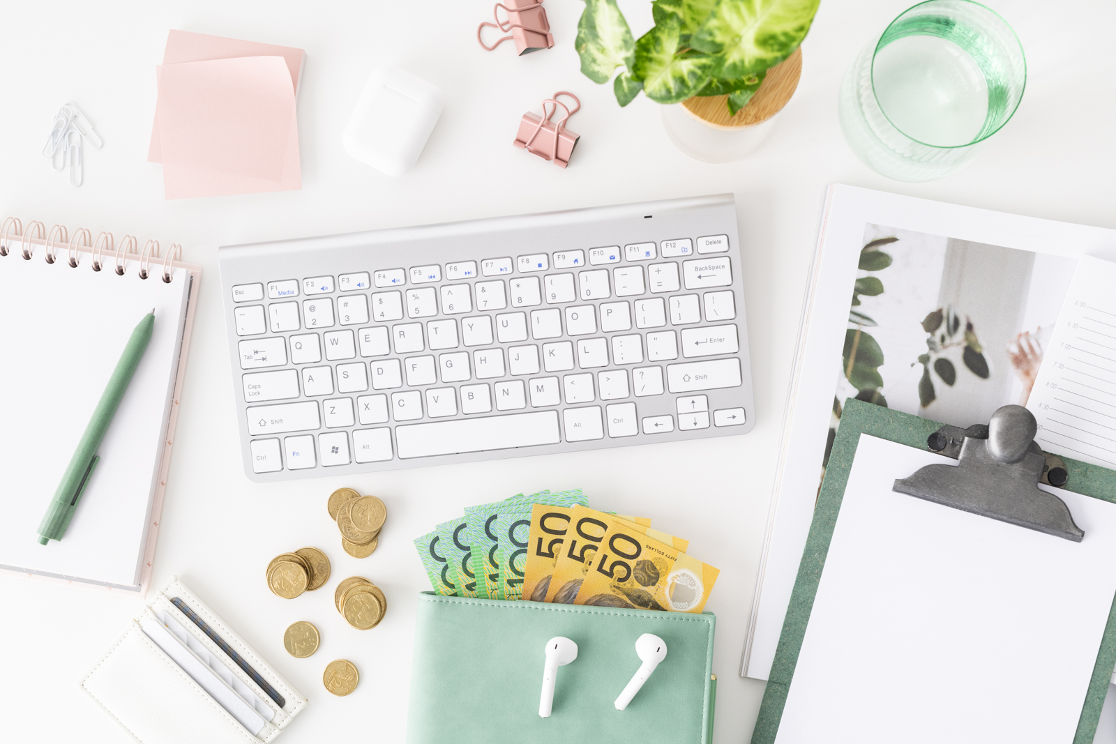 Financial Stock Images - Working from home-Flatlay-Currency-coins-desktop.