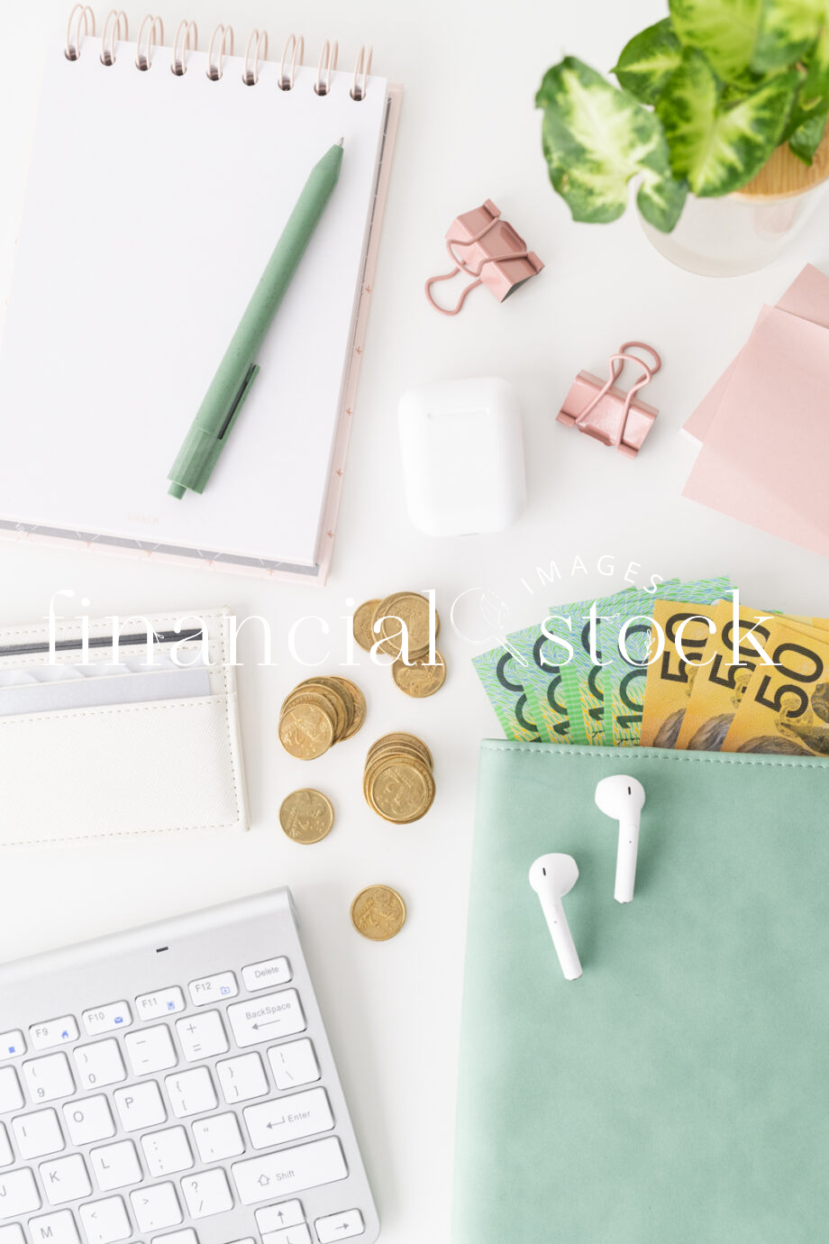 Financial Stock Images - Working from home-Flatlay-Currency-coins-desktop.