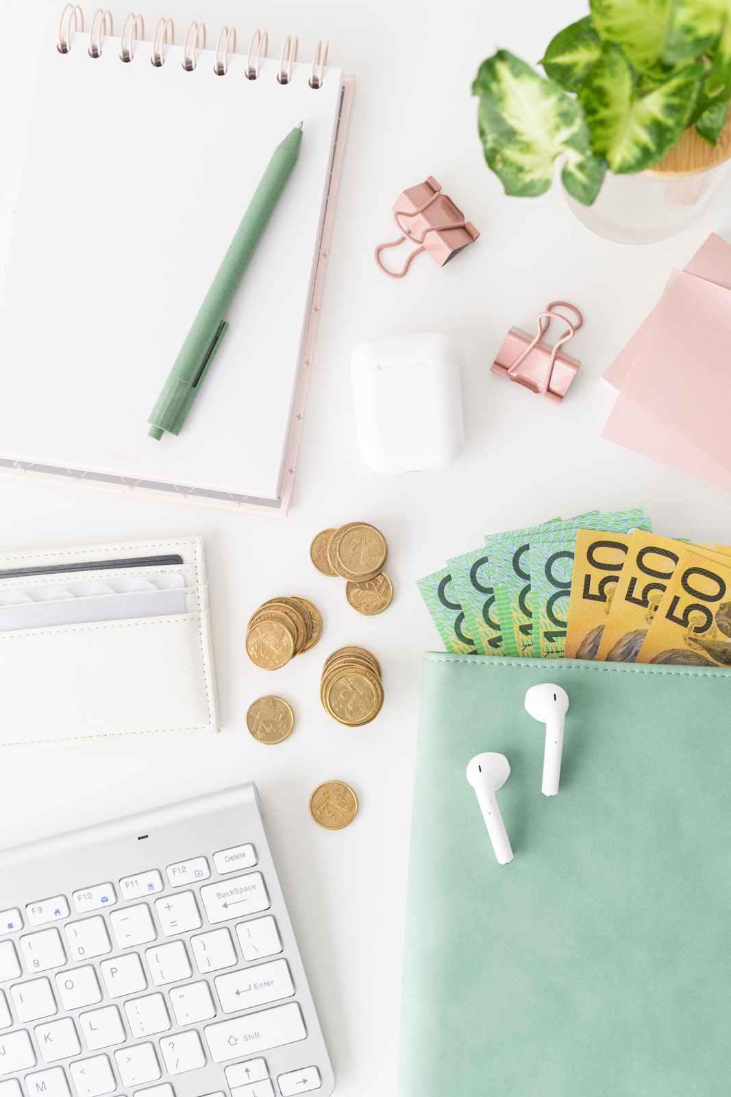 Financial Stock Images - Working from home-Flatlay-Currency-coins-desktop.