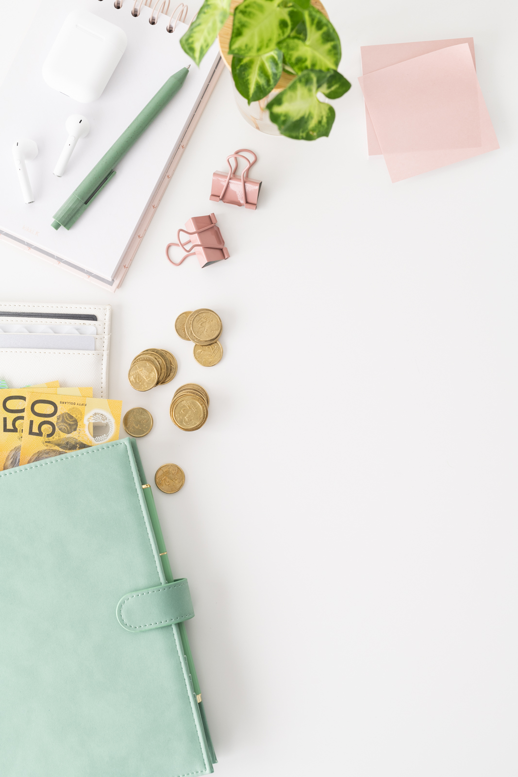 Financial Stock Images - Working from home-Flatlay-Currency-coins-desktop.