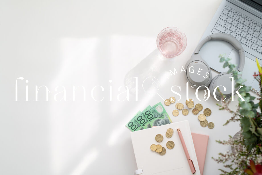 Pink, flatlay, office, finance, financial, bookkeeper, office, business, money, Australian, dollar, curreny, notes, hundred, 100, coins, stock, images, photos