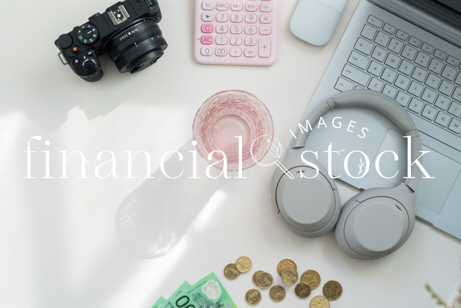 Australian, Australia, Pink, Feminine, Financial, Finance, headphones, laptop, Money, Coins, Notes, 100, Hundred, Dollar, Copyspace, Stock, Photo, Image, Images, Picture, Content, Creation, Camera